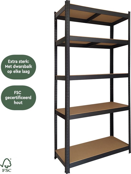 BRASQ Zwart Metalen Stellingkast - 180x90x40cm - 5 Lagen - kast 175 KG/plank - 875 KG max