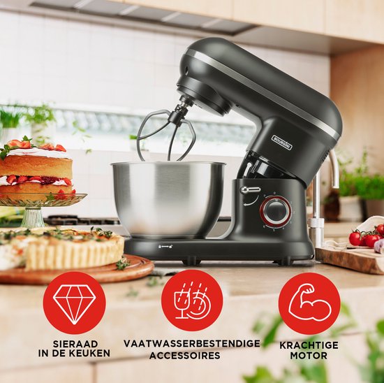 Bourgini Classic Kitchen Chef Keukenmachine & Mixer – 4,5L RVS Mengkom – 1300W – 6 Snelheden + Pulse – 38,5 x 22,3 x 31,8 cm – Zwart