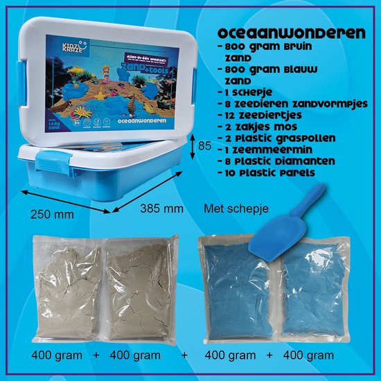 KidzKraze® Oceaanwonderen Speelzand – 1,6 kg bruin en blauw klevend speelzand voor binnen – Inclusief speel en opbergkoffer – Sensorisch speelgoed – Zandbak starter set voor kinderen - Het grote speelgoedboek 2025