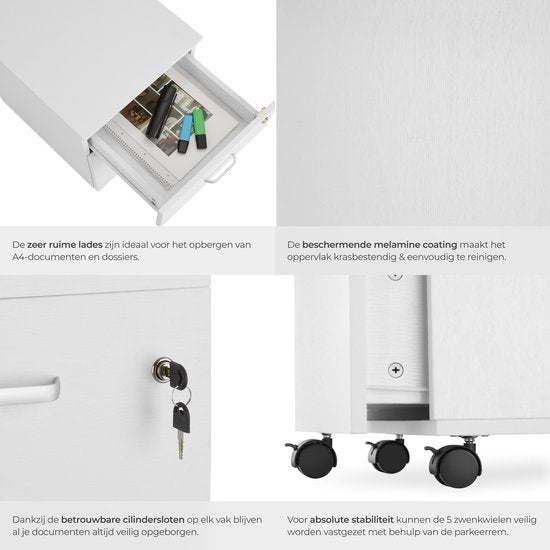 tectake® Ladenkastje - Met 2 afsluitbare lades, vergrendelbare wielen - Rolkast - Organizer - Perfect voor een georganiseerde werkplek - Kantoor, studeerkamer , thuiswerkplek - Wit