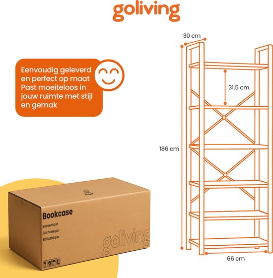 Goliving Boekenkast - 66 x 30 x 186 cm - 6 Lagen - Opbergkast - Wandkast - Boekenrek - Vitrinekast - Stellingkast - Woonkamer Kast - Industrieel - Bruin/Zwart