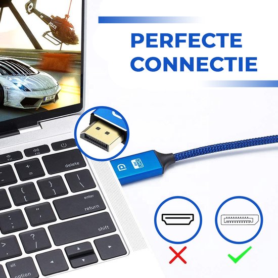 Displayport Kabel 1.4 - DP Kabel 8K - 24K Gold Plated - 1.8 Meter - Blauw
