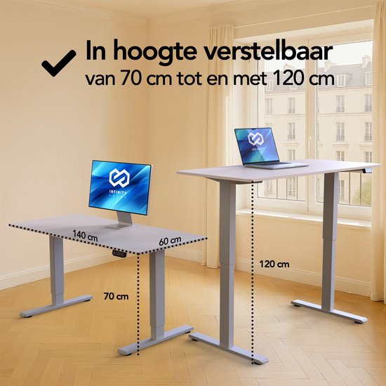 Infinity Goods Zit Sta Bureau - Elektrisch Verstelbaar In Hoogte - 140 x 60 CM - Geheugenfunctie - Wit