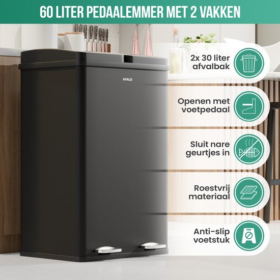 Avalo - Prullenbak Afvalscheiding - 60 Liter - RVS - Zwart - 2 Vakken - 47x38x71 cm