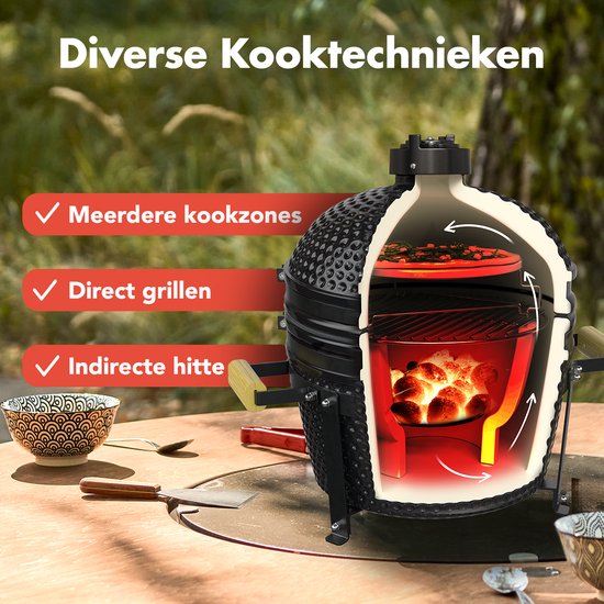 KitchenBrothers Kamado BBQ - 16 Inch Houtskool Barbecue - 34⌀ cm - Deluxe Set - Egg BBQ met Accessoires - Zwart