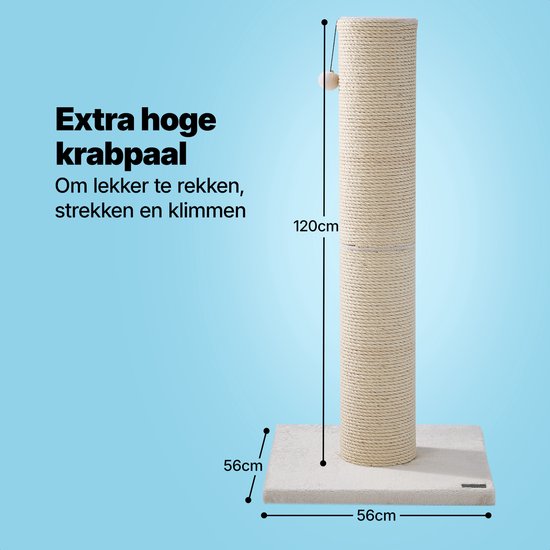 Jake and Jacky Krabpaal voor Grote Katten - Naturel/Crème - Met Speelballetje - 56x56x120 cm - Ø Sisal Krabpaal 20 cm