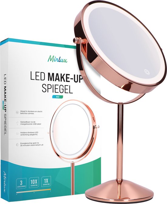 Mirlux Make Up Spiegel met LED Verlichting - 10x Vergroting Licht – Scheerspiegel Klein Op Voet - 3 Lichtstanden - Oplaadbaar - Vergrootspiegel Rosé Goud