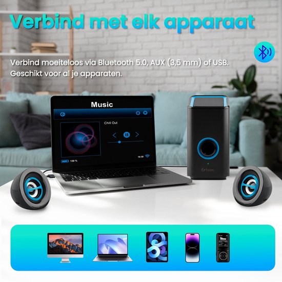 PC Speakers - Met Bluetooth 5.0 - Computer Speakers - Speakers voor PC - USB-C en USB-A - Complete 3-Delige Set - Speakerset - Zwart en Blauw - Faas