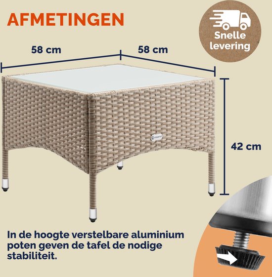 CASARIA Polyrattan Bijzettafel - Buiten 58x58x42cm - Crème