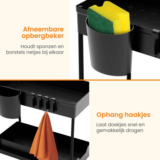 Posity Gootsteenkast Organizer - Keukenkastje Organizer - Schuiflade - Kast Organizer - Badkamer Organizer - Aanrecht Organiser - 1 Uitschuifbare Lade - Zwart