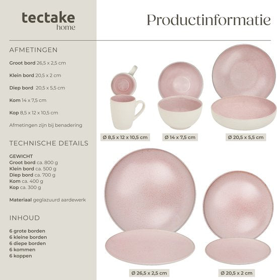 tectake® Serviesset Mare - 30-delig - Aardewerk met Glanzend Glazuur - 6 Persoons - Handgemaakt Servies - Moderne Bordenset met Grote en Kleine Borden, Kommen, Schaaltjes en Kopjes - Vaatwasser- en Magnetronbestendig - Roze