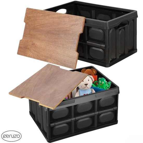 Ceruzo Opbergkrat met afneembaar houten Deksel - Vouwkrat - Kofferbak Organizer - Camping-55 l, Zwart
