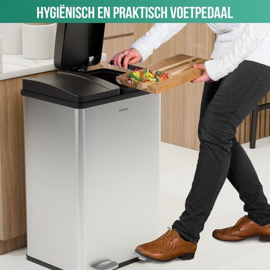 Avalo - Afvalscheiding Prullenbak met 2 vakken - 60 Liter - RVS - Zilver - 71x47x36 CM