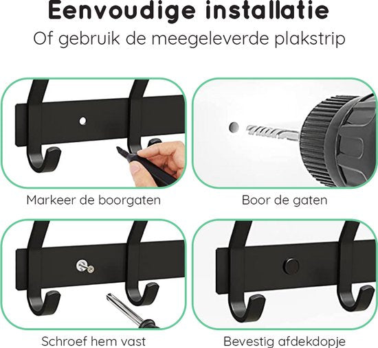 Volcan Wandkapstok - 28 Haken - Muur Kapstok Hangend met 3M Tape - Industrieel - Zwart RVS