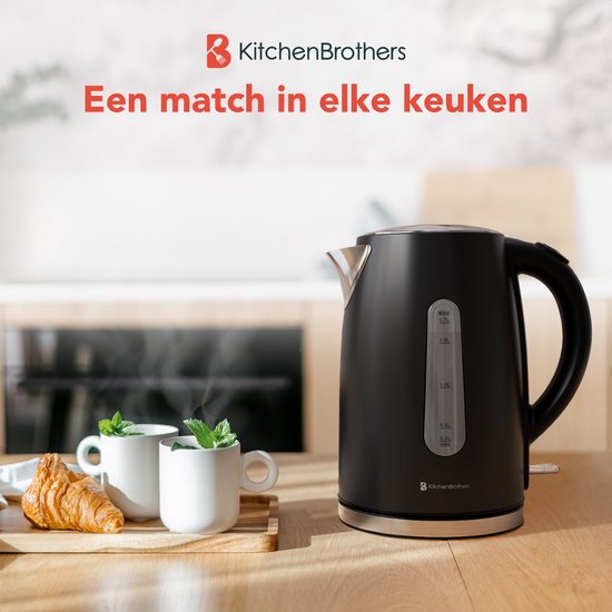 KitchenBrothers Waterkoker - Elektrisch - 1,7L - 2200W - RVS Waterkoker - Zwart