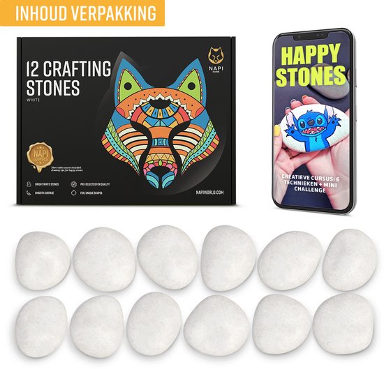 NAPI Happy Stones Stenen - 12 Witte Keien - Inclusief Cursus: Stenen Schilderen - Gladde Egale Keien - Pakket - Beach Pebbles - 4 tot 8cm - Wit