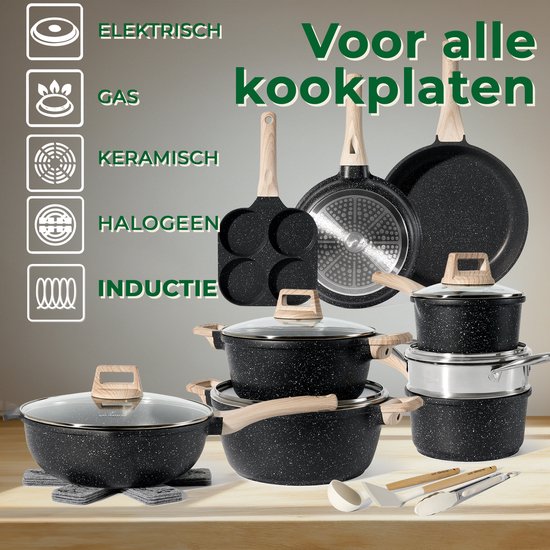 21-delige pannenset antiaanbaklaag in zwart graniet - Geschikt voor alle warmtebronnen, inclusief inductie Just Perfecto JL-722