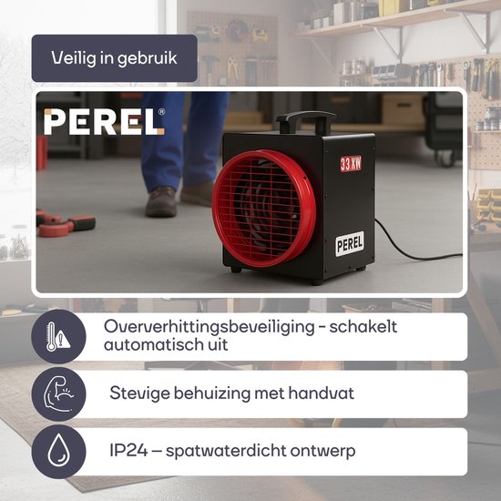 Perel Elektrische ventilatorkachel 3300W met thermostaat en koelstand, IP24 oververhittingsbeveiliging, compacte draagbare heater voor werkplaats, garage, schuur of industriële ruimte