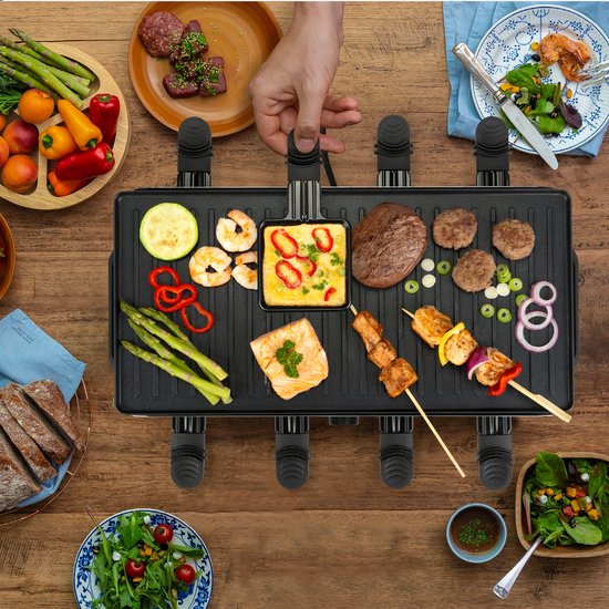 Bourgini Gourmette Raclette Pure - Gourmetstel met omkeerbare Grill & Bakplaat - Raclette 8 personen - 21x42 cm - PFAS-vrije coating - Regelbare thermostaat - incl. 8 spatels en pannetjes