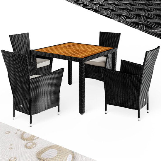 Casaria Tuinset - Tafel Acacia Polyrattan 150x90cm 4 Stoelen - Zwart
