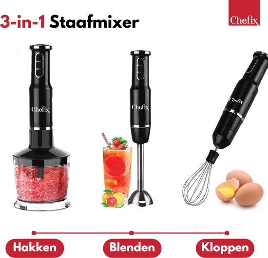 Chefix Staafmixer Set 4-in-1 – Staafmixers – Hakmolen Garde Klopper Maatbeker – 750 W – Zwart