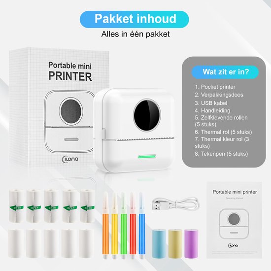Ilona Mini printer voor mobiel - Pocket printer - Premium Mini Fotoprinter - Draagbare Smartphone Printer - Mobiele fotoprinter - Sticker printer - Incl. 5 Rollen Zelfklevend Papier + 5 Rol Wit Papier + 3 Rollen Gekleurd Papier + 5 Pennen