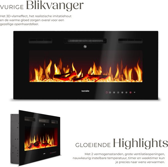 tectake® Wandhaard - Elektrische Haard - Sfeerhaard - 91,5 x 12 x 43 cm - 900W & 1800W - Bediening met Afstandsbediening of App - met Thermostaat - Kachel - met Verwarming - Haarden - Hout en Gloeieffecten - 3D Vlammen - Timer