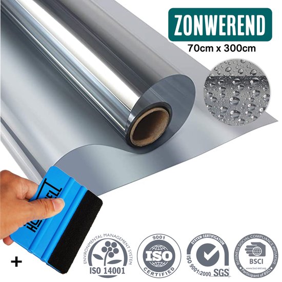 Homewell Isolerende HR+ Raamfolie 70x300cm - Statisch Zonwerende folie met Spiegeleffect - Zilver (incl. Rakel)