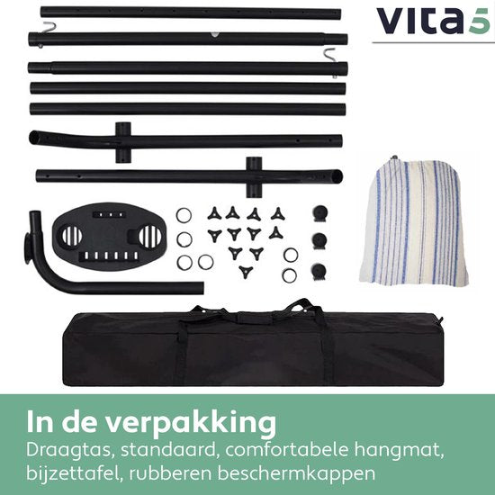 Vita5 Hangmat met Standaard – 2 Persoons – Incl. Bekerhouder – 205kg Draaggewicht – Blauw/Wit