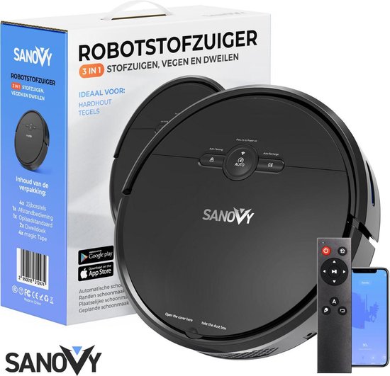 Sanovy 3 in 1 Robotstofzuiger met dweilfunctie - 1800 PA- Automatische laadstation - Dweilrobot – App
