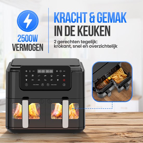 Strex Airfryer XXL - 10L - 2500W - Heteluchtfriteuse - Dubbele Airfryer - 50ºC tot 200ºC - 10 Kookprogramma's - Zwart