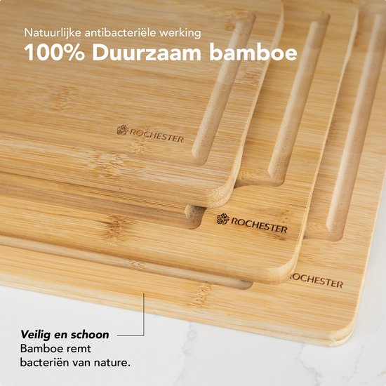 Rochester Snijplanken Hout – Borrelplank – PFAS-Vrije Snijplankenset 3-Delig – Serveerplank Organisch Bamboe – Tapasplank Luxe Design – Hygiënisch en Duurzaam