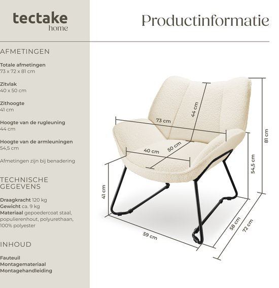 tectake® Loungefauteuil - Ronde relaxfauteuil - Teddyfauteuil - Gestoffeerde stoel - Bouclé bekleding - Leesfauteuil van pluche - Scandinavische stijl - creme wit