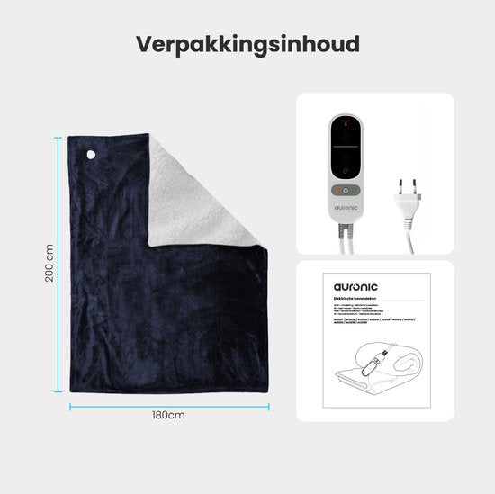 Auronic Elektrische Deken - Warmtedeken - Sherpa Fleece - 9 Hitte en Timerstanden - Bovendeken - 200x180 - 2 persoons - Blauw