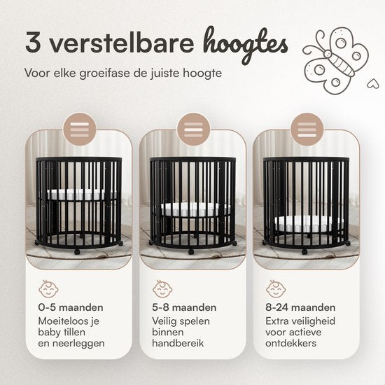 Flowsense Baby Box – Ronde Speelbox - Grondbox - Kinderbox - Playpen – Met Matras – Verstelbare Hoogtes – Wielen - Zwart