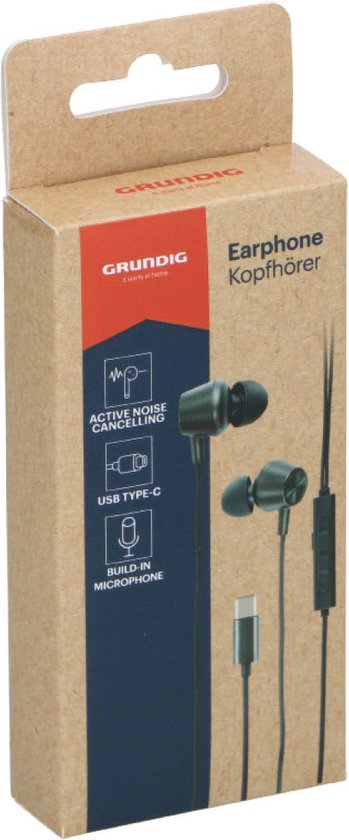 Grundig Oortjes met draad USB C - In-Ear Oordopjes met Draad 120cm - Earbuds met Microfoon - Geschikt voor iPhone, Samsung en Tablet - Active Noise Cancellation - Zwart