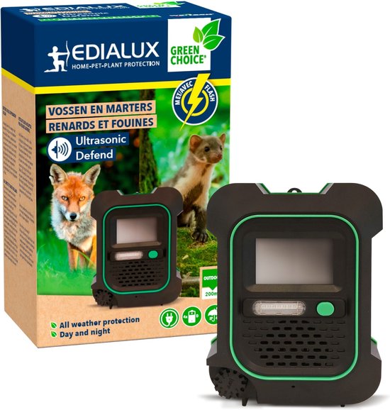 Edialux Ultrasonic Defend Vossen & Marters Flash, ultrasone vossen- en marterverjager met flits, bescherm je tuin veilig en effectief, werkt op batterijen of met adapter, max. 200 m²