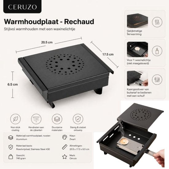 Ceruzo Warmhoudplaat Compact – Rechaud – 1 Waxinelichtje – Zwart