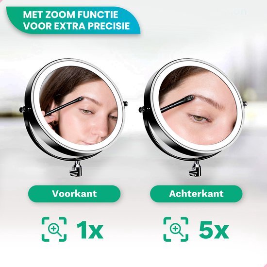 Make Up Spiegel met Led Verlichting - 5X Vergroting - Wandspiegel Rond - Scheerspiegel Wandmodel - Badkamer - Douche - Zwart