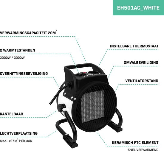 VONROC Elektrische kachel - Straalkachel - ventilatorkachel - keramisch - 3 standen: 1000W/2000W/ventilator - voor ruimten tot 20m2 - wit
