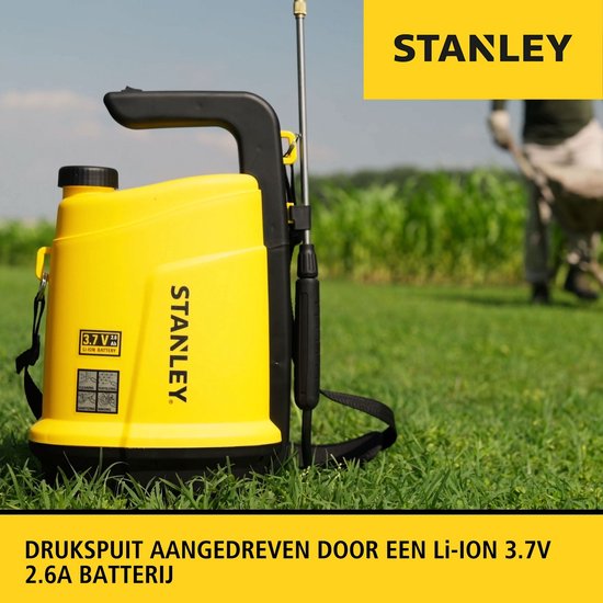Stanley Druksproeier 5 L, drukspuit, sproeier tuin, elektrisch, heroplaadbare batterij lithium, telescopische lans, regelbare sproeikop, autonomie 2.5 h, max. 2 bar, 0.33 L/minuut, geel/zwart