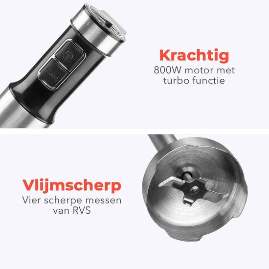 KitchenBrothers Staafmixer Set - Hakmolen - Garde - Maatbeker - 4-in-1 Mixer - 6 Snelheden + Turbo - RVS