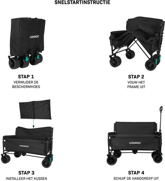 VONROC Bolderkar – Met zitfunctie – Opvouwbaar – 120 kg draagvermogen – 115l inhoud – Massieve anti-lek wielen – Stevig stalen frame – Polyester 600D - Zwart