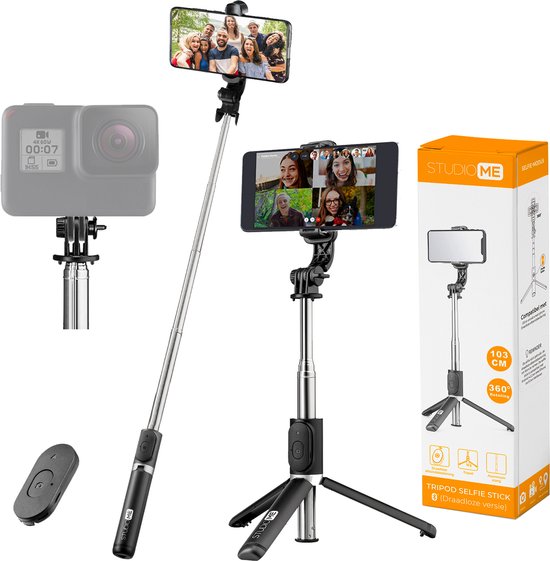 Studio ME Selfiestick Universeel - Statief - Geschikt voor Telefoon & Actiecamera - 100 cm - Selfie Stick - 360° Rotatie - Bluetooth Afstandsbediening - Telefoonhouder