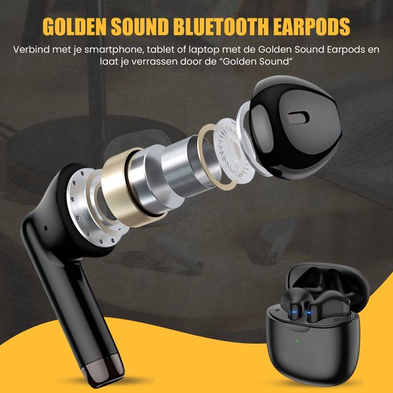 Golden Sound – Draadloze Oordopjes – Bluetooth 5.1 & Universele Pasvorm – Voorzien Van Oplaadcase En Slimme Touchfuncties – Voor Sport En Handsfree Bellen – Zwart Kunststof