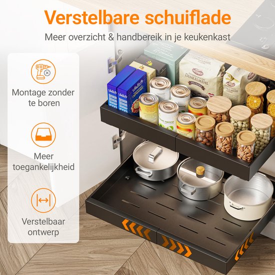 Posity Schuiflade – Keukenkast Organizer – Gootsteenkast/Lade Organizer - binnenlade keuken – Uittrekbaar en Verstelbaar (43-67 cm) – Telescopisch – Zwart