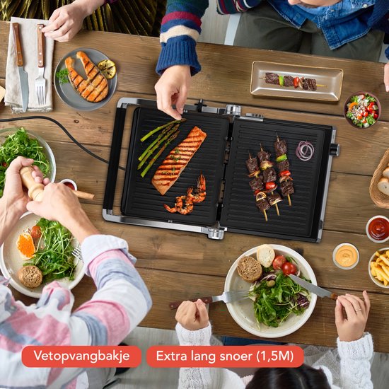 KitchenBrothers Contactgrill Deluxe - Grill Apparaat - Uitneembare Grillplaten - Panini Grill - 5 hoogtestanden - 2000W - RVS