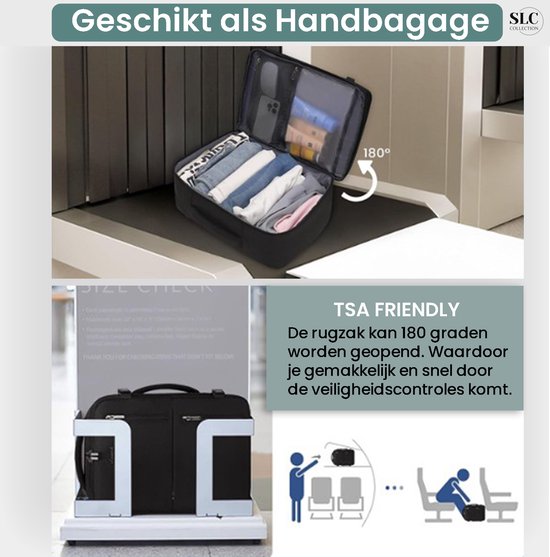 SLC-Collection - Zwart – Rugzak - 25 Liter - Transavia - Handbagage - 40x30x20cm - 14 Inch Laptop - USB Poort - Laptoptas - Dames - Heren - Reistas – Koffer - 10XS