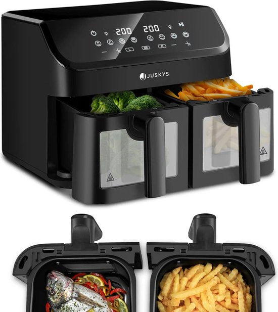 Juskys – Heteluchtfritteuse Dual Zone – 9 l – Voorzien Van 2 Kamers En Smart Finish Functie – Voor Gezond Bakken En Frituren – Zwart Kunststof En Staalplaat