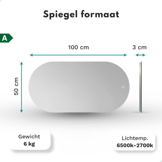 Mirlux Badkamerspiegel - LED Verlichting - Verwarming – Wandspiegel Ovaal – Zwart Frame - 100x50CM